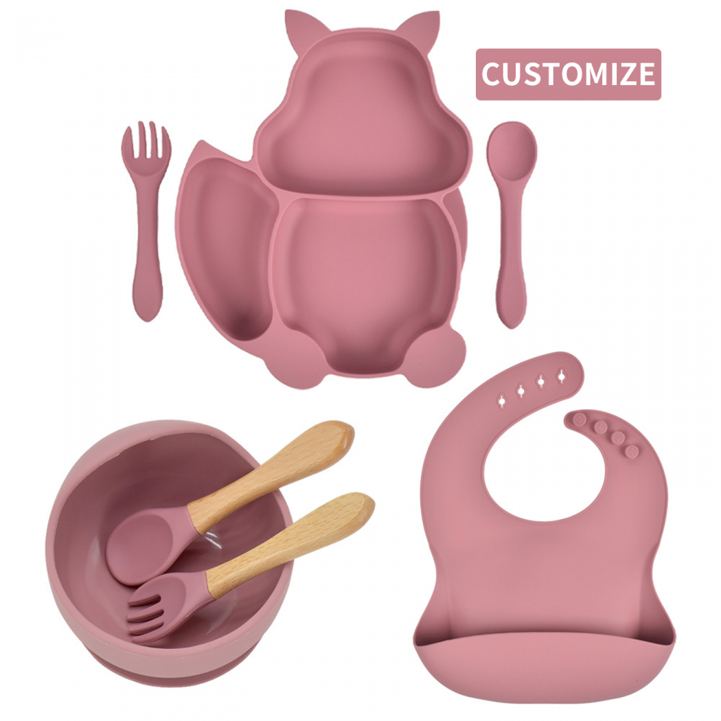 Custom Silicone Baby Feeding Sets Bpa Free Oem Odm Manufacturer Suction Baby Bib Bowl Spoon Divided Dinner Plate Silicone Plate